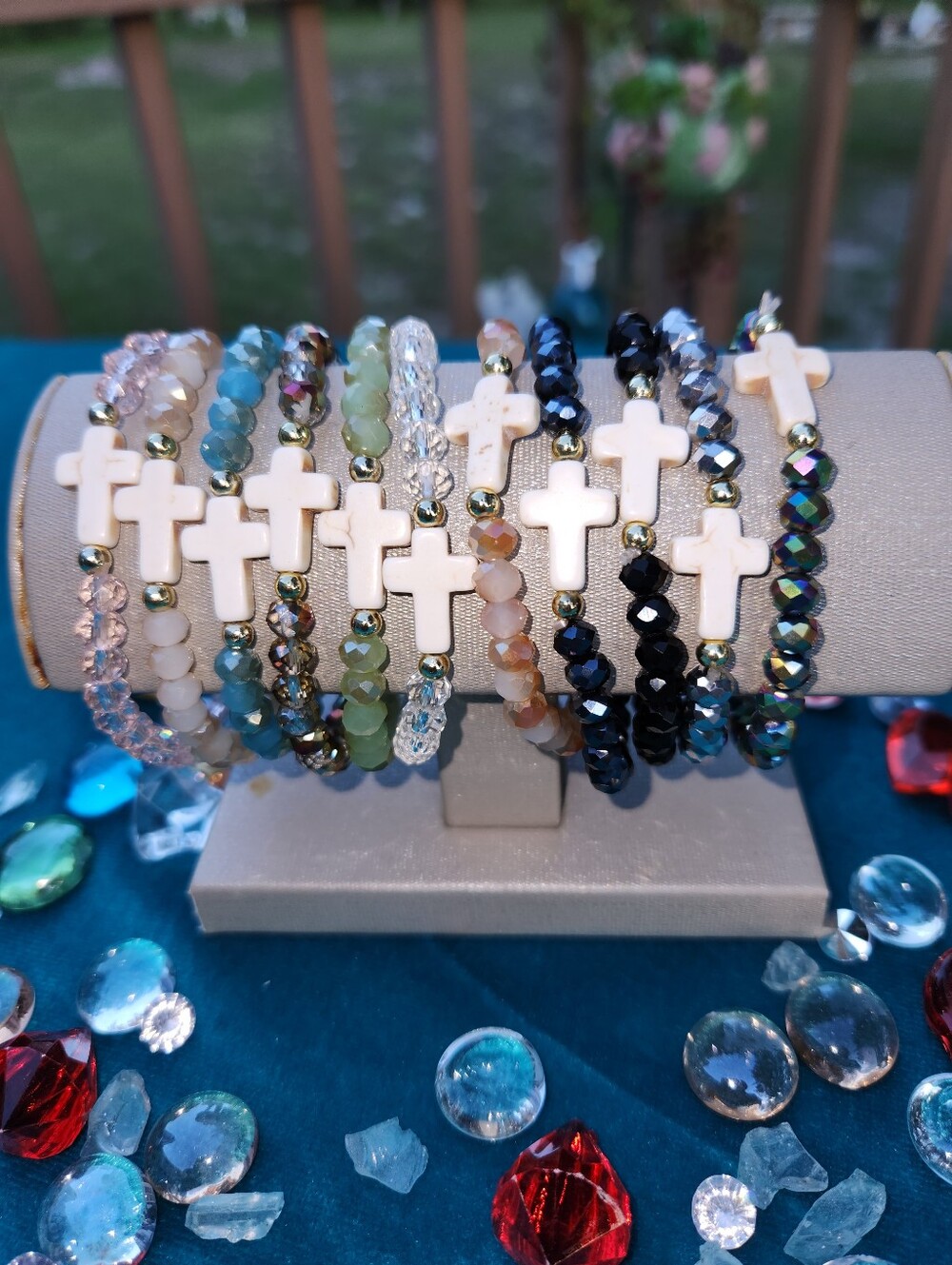 Beaded Cross Stretch Bracelet - White Cross, Multicolor Beads Your Choice